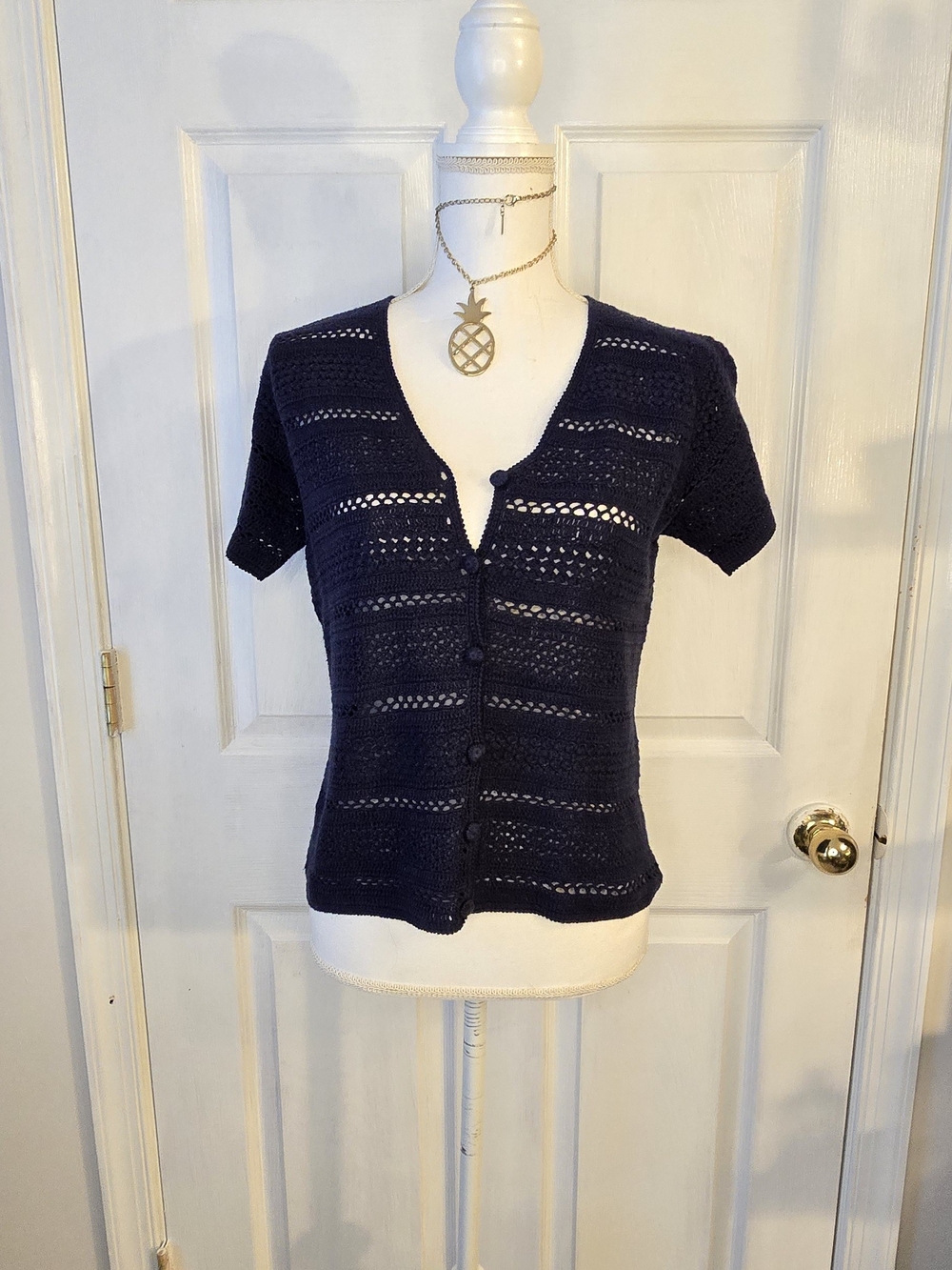 JohnPaulRichard Navy Short-Sleeve Button-Up Knit Cardigan Crochet Feminine S